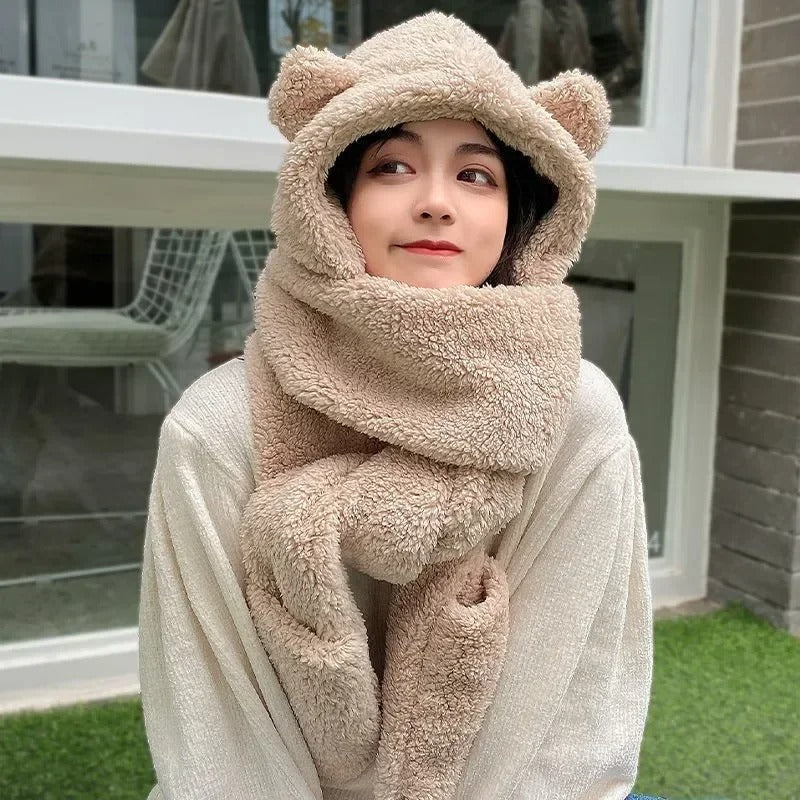 Women Winter Warm Bear Ear Hat, Casual Plush Beanies Cap Set, Fashion Cotton Velvet Hat Scarf for Cold Weather