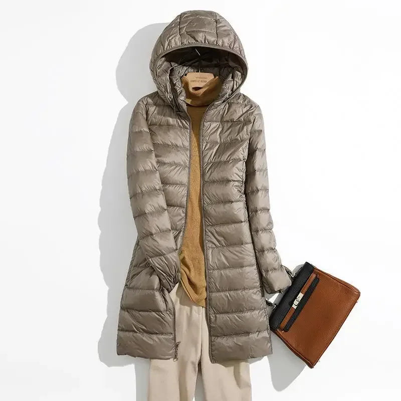 Fall Womens Jacket, Autumn Winter Ultra Lightweight Packable Hooded Puffer Coat, Korean Slim Long Female Coat