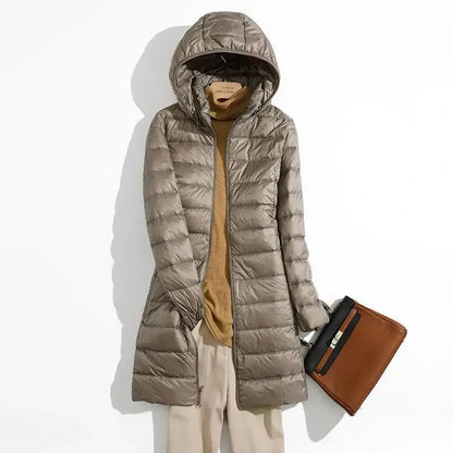 Fall Womens Jacket, Autumn Winter Ultra Lightweight Packable Hooded Puffer Coat, Korean Slim Long Female Coat