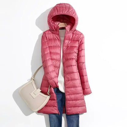 Fall Womens Jacket, Autumn Winter Ultra Lightweight Packable Hooded Puffer Coat, Korean Slim Long Female Coat
