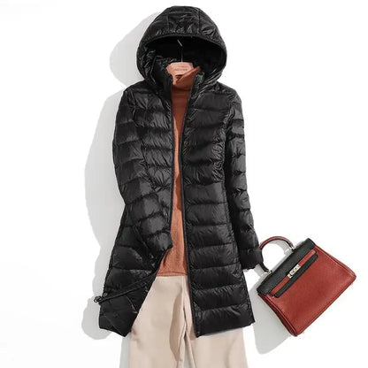 Fall Womens Jacket, Autumn Winter Ultra Lightweight Packable Hooded Puffer Coat, Korean Slim Long Female Coat