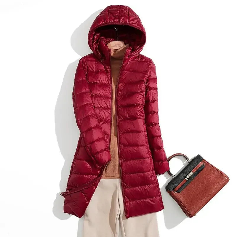 Fall Womens Jacket, Autumn Winter Ultra Lightweight Packable Hooded Puffer Coat, Korean Slim Long Female Coat