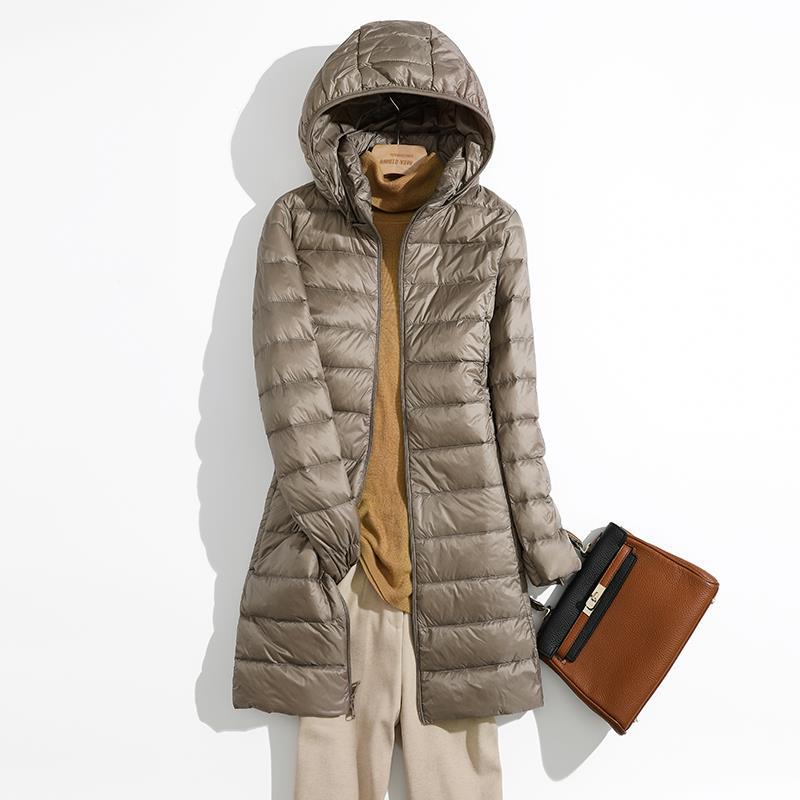 Fall Womens Jacket, Autumn Winter Ultra Lightweight Packable Hooded Puffer Coat, Korean Slim Long Female Coat