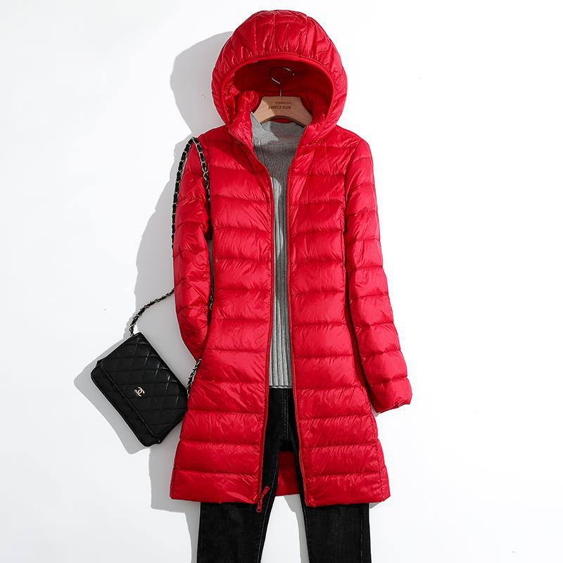 Fall Womens Jacket, Autumn Winter Ultra Lightweight Packable Hooded Puffer Coat, Korean Slim Long Female Coat