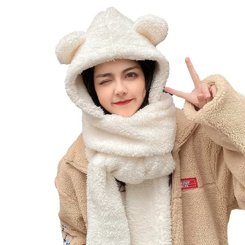 Women Winter Warm Bear Ear Hat, Casual Plush Beanies Cap Set, Fashion Cotton Velvet Hat Scarf for Cold Weather