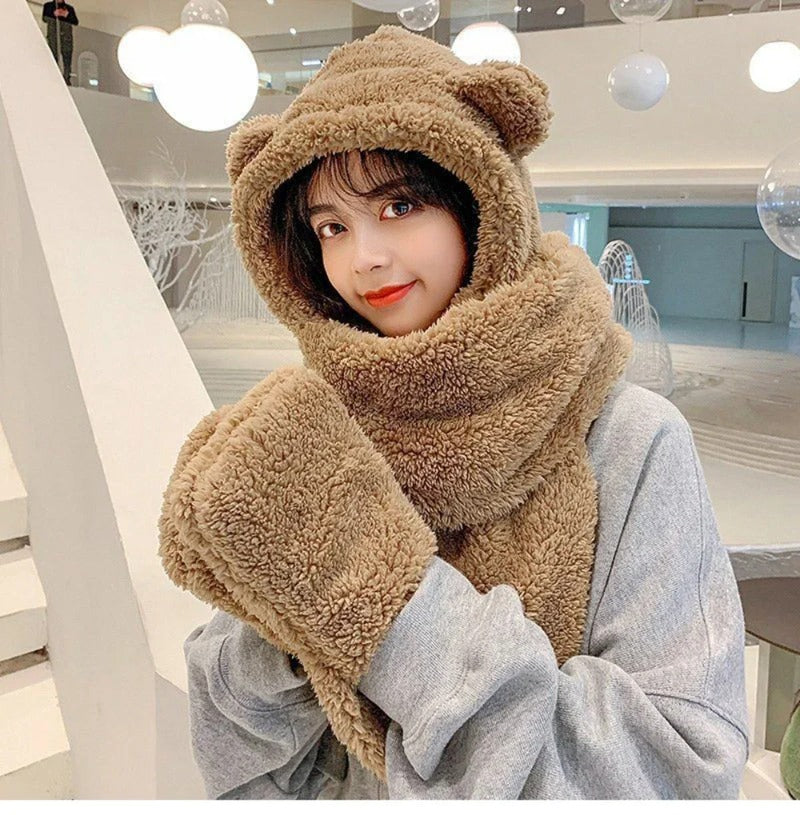 Women Winter Warm Bear Ear Hat, Casual Plush Beanies Cap Set, Fashion Cotton Velvet Hat Scarf for Cold Weather