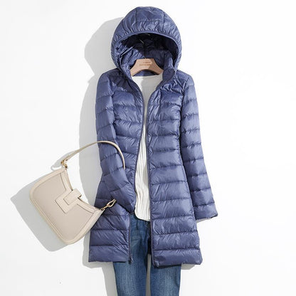 Fall Womens Jacket, Autumn Winter Ultra Lightweight Packable Hooded Puffer Coat, Korean Slim Long Female Coat