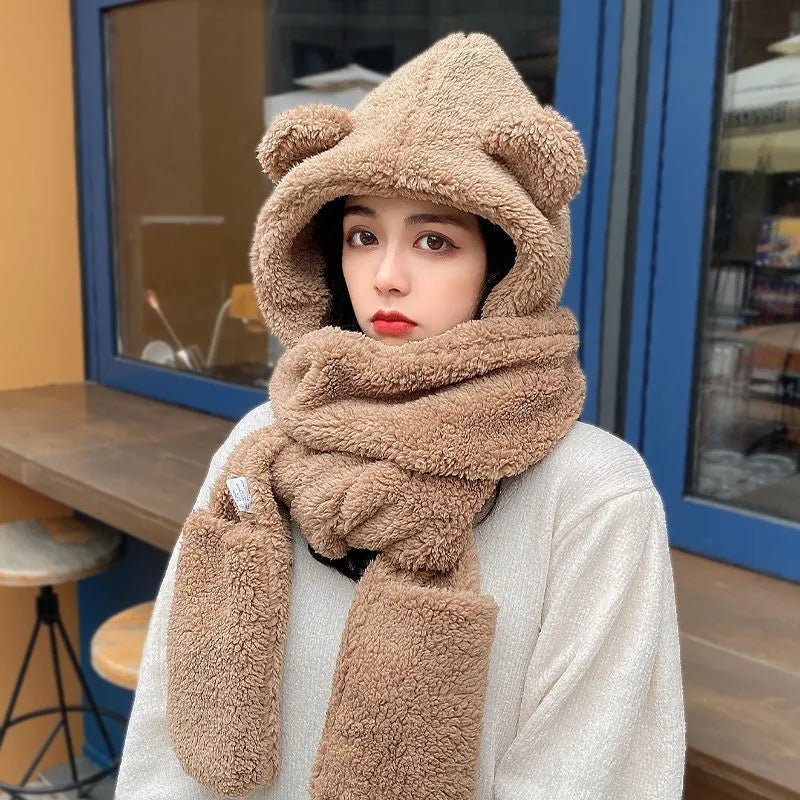 Women Winter Warm Bear Ear Hat, Casual Plush Beanies Cap Set, Fashion Cotton Velvet Hat Scarf for Cold Weather