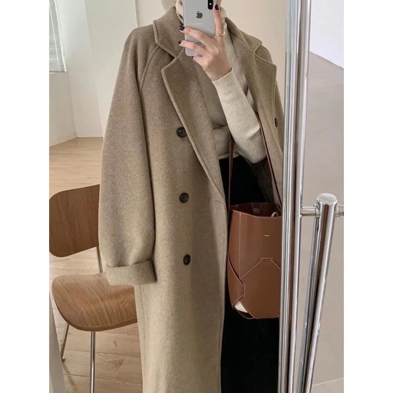 Womens Woolen Coat, Hot Sale Autumn Winter Style, Mid Length Thickened Hepburn Coat, Loose Fit Elegant Outerwear