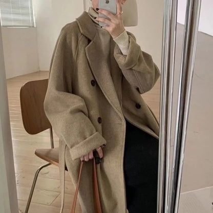 Womens Woolen Coat, Hot Sale Autumn Winter Style, Mid Length Thickened Hepburn Coat, Loose Fit Elegant Outerwear