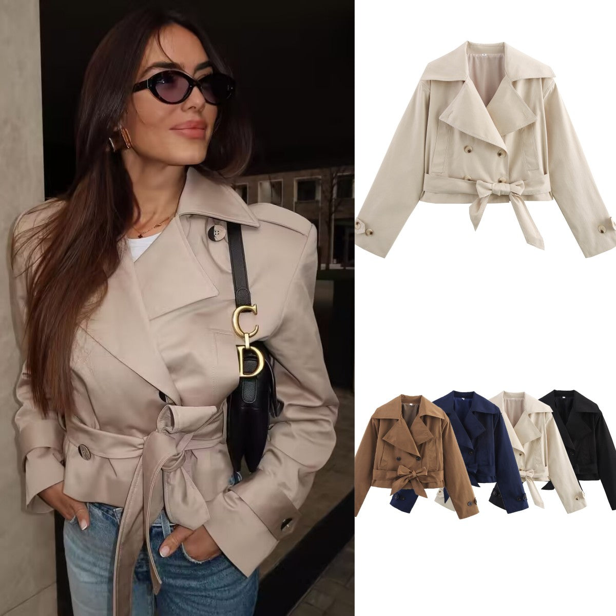 Womens Trench Coat, Wind Style, Double Breasted Belted Lapel Jacket, Short Long Sleeve Coat