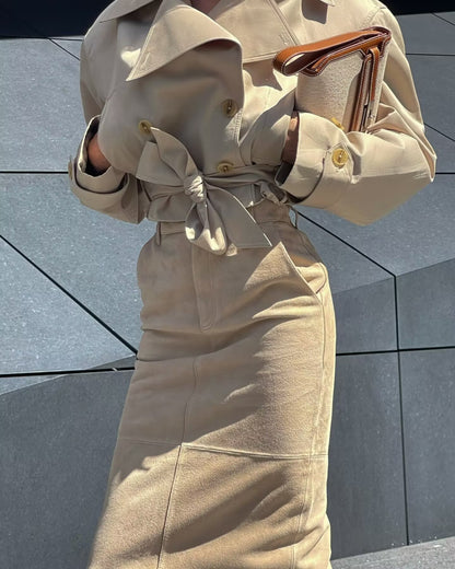 Womens Trench Coat Wind Style Double Breasted Belted Lapel Jacket Short Long Sleeve Coat 1