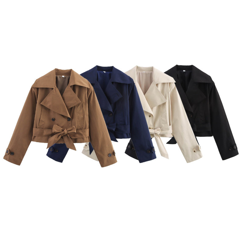 Womens Trench Coat Wind Style Double Breasted Belted Lapel Jacket Short Long Sleeve Coat 3