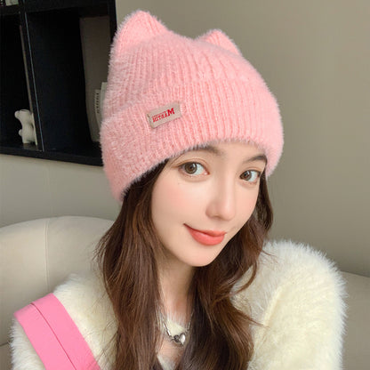 Fashion Faux Fur Knitted Hat, New Women Cute Cat Ear, Soft Beanie, Kpop Style Earflap Winter Hat, Candy Female Streetwea