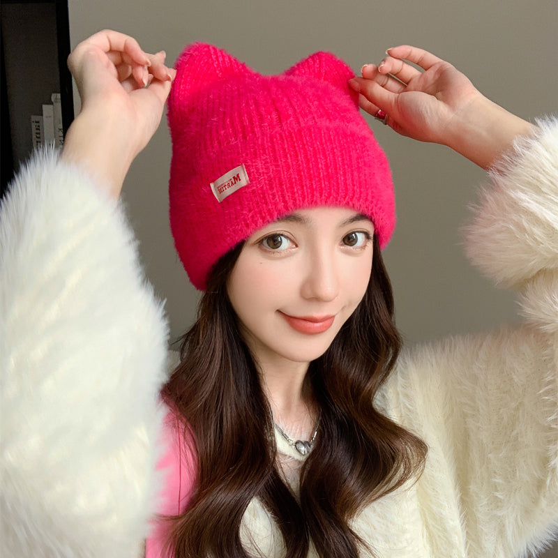 Fashion Faux Fur Knitted Hat New Women Cute Cat Ear Soft Beanie Kpop Style Earflap Winter Hat Candy 7