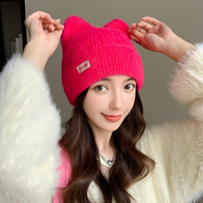 Fashion Faux Fur Knitted Hat New Women Cute Cat Ear Soft Beanie Kpop Style Earflap Winter Hat Candy 7