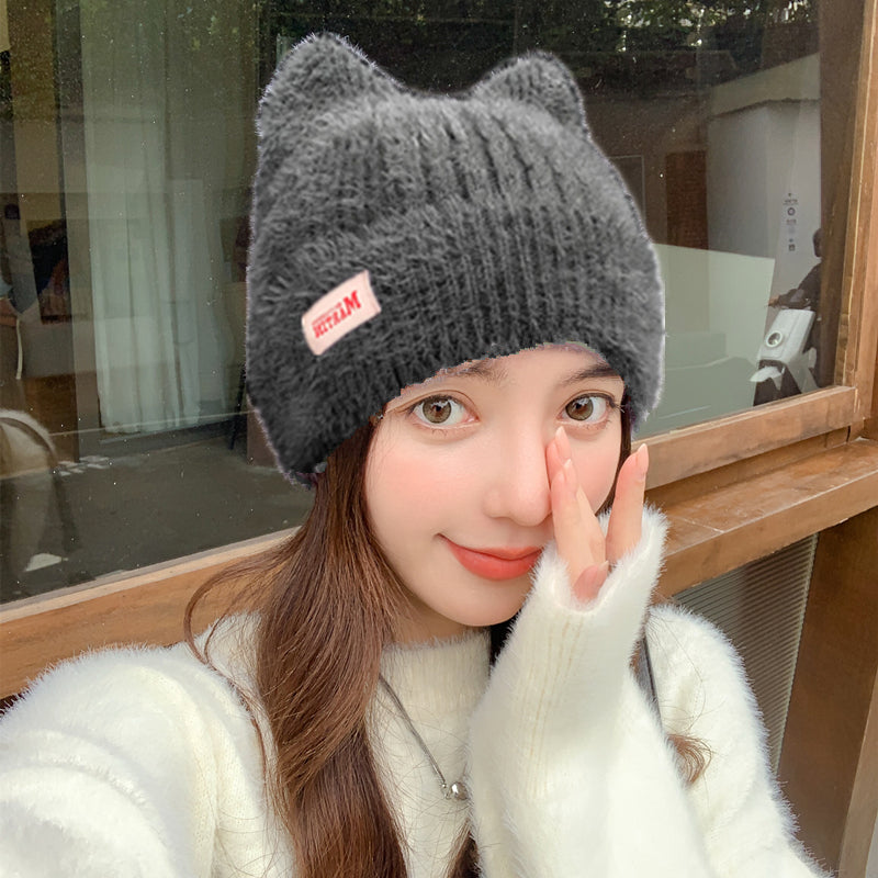Fashion Faux Fur Knitted Hat New Women Cute Cat Ear Soft Beanie Kpop Style Earflap Winter Hat Candy 8