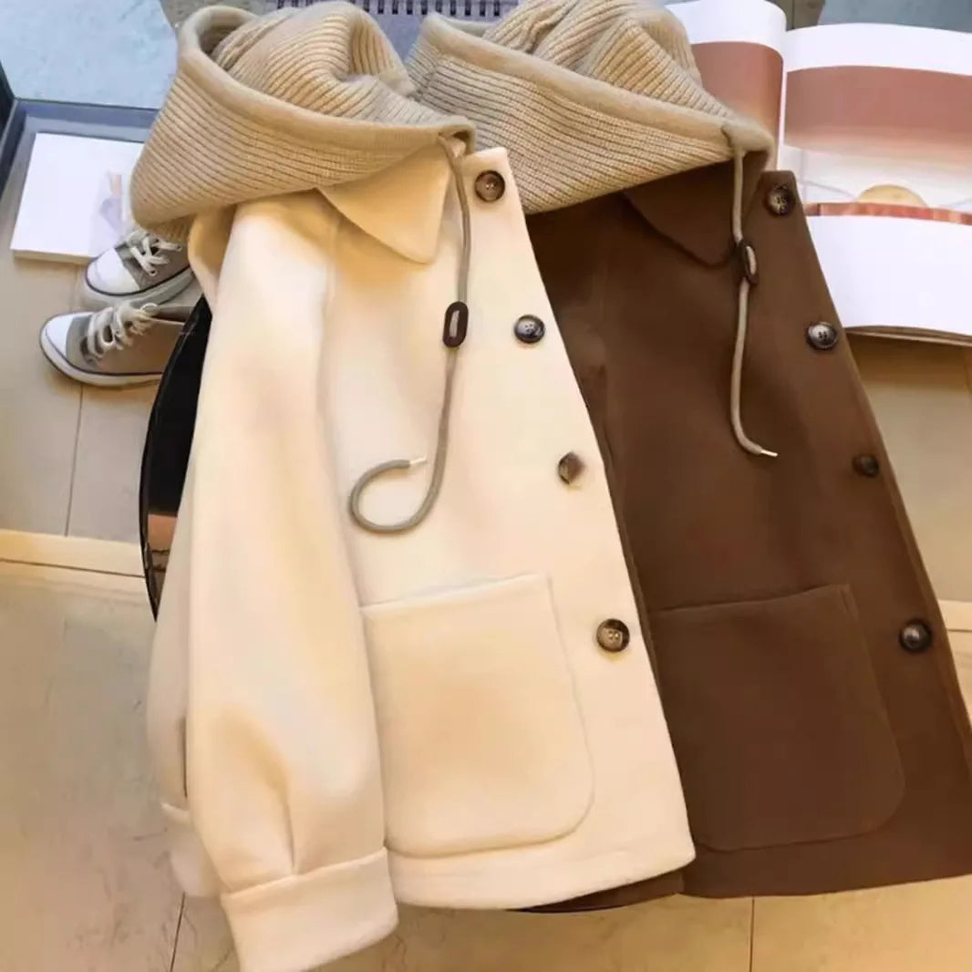 Vintage Coat, Women's Thick Knitted Woolen Outerwear, Loose Fit Fashionable Design for Autumn Winter