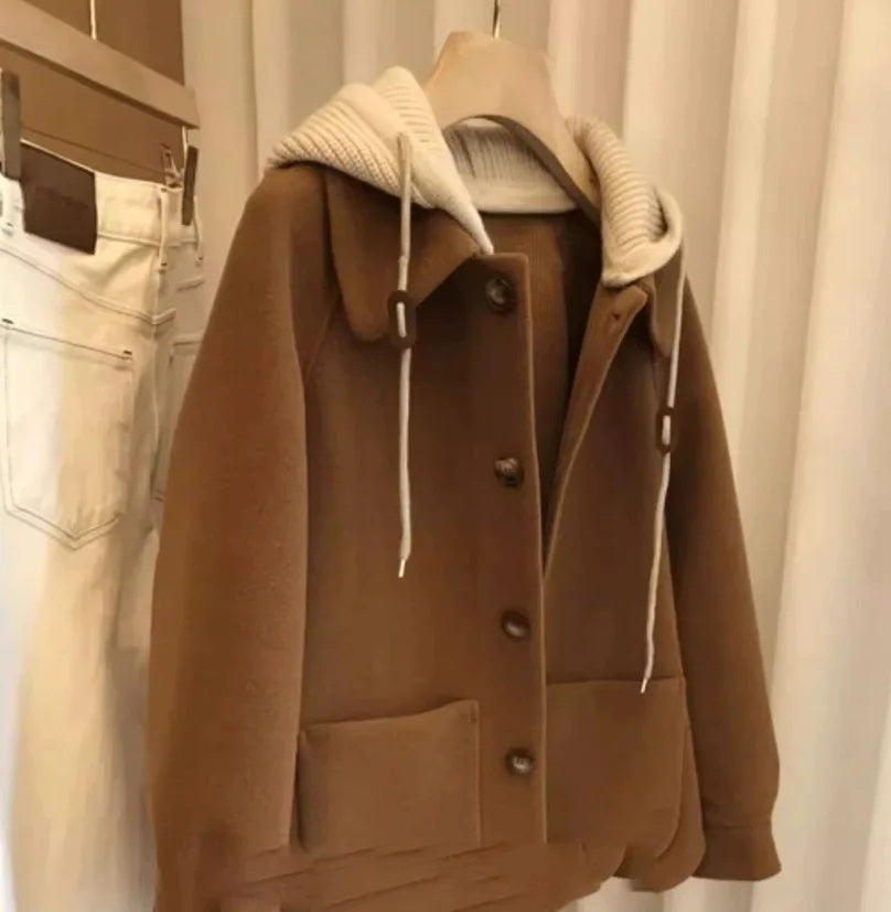 Vintage Coat, Women's Thick Knitted Woolen Outerwear, Loose Fit Fashionable Design for Autumn Winter
