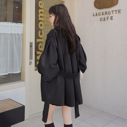 Coffee Short Trench Coat, Womens Loose Fit, Lantern Sleeve Coat, Spring Autumn Style, Elegant Outerwear