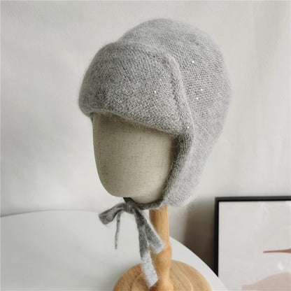 Angora Knit Women Hat, Winter Earflap Warm Beanie, Outdoor Autumn Skiing Accessory for Teenagers