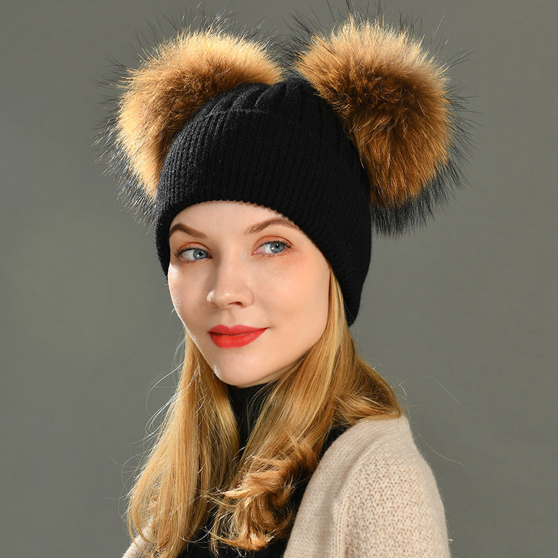 Women Winter Knitted Wool Hat, Double Real Raccoon Fur Pompom Beanie, Skullies Cap for Girls, Female Two Fur Pom Pom Hat