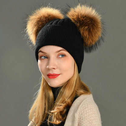 Women Winter Knitted Wool Hat, Double Real Raccoon Fur Pompom Beanie, Skullies Cap for Girls, Female Two Fur Pom Pom Hat