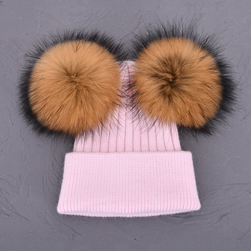 Women Winter Knitted Wool Hat, Double Real Raccoon Fur Pompom Beanie, Skullies Cap for Girls, Female Two Fur Pom Pom Hat