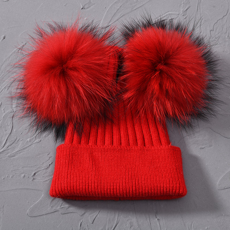Women Winter Knitted Wool Hat, Double Real Raccoon Fur Pompom Beanie, Skullies Cap for Girls, Female Two Fur Pom Pom Hat