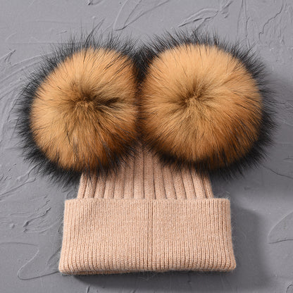 Women Winter Knitted Wool Hat, Double Real Raccoon Fur Pompom Beanie, Skullies Cap for Girls, Female Two Fur Pom Pom Hat