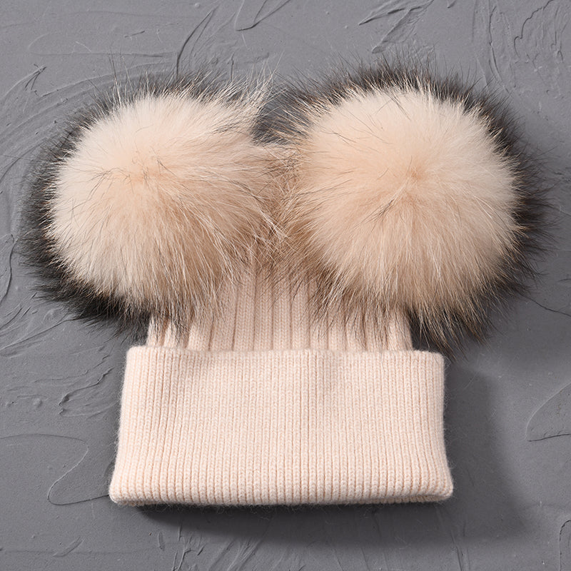 Women Winter Knitted Wool Hat, Double Real Raccoon Fur Pompom Beanie, Skullies Cap for Girls, Female Two Fur Pom Pom Hat