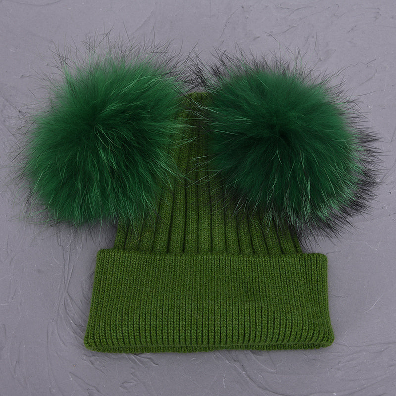 Women Winter Knitted Wool Hat, Double Real Raccoon Fur Pompom Beanie, Skullies Cap for Girls, Female Two Fur Pom Pom Hat