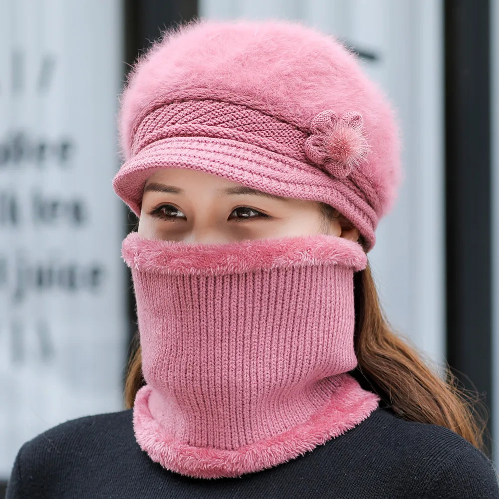 Plush Fur Lined Hat  Scarf Warm Set Hot Sale Women Winter Hat Keep Warm Cap 5