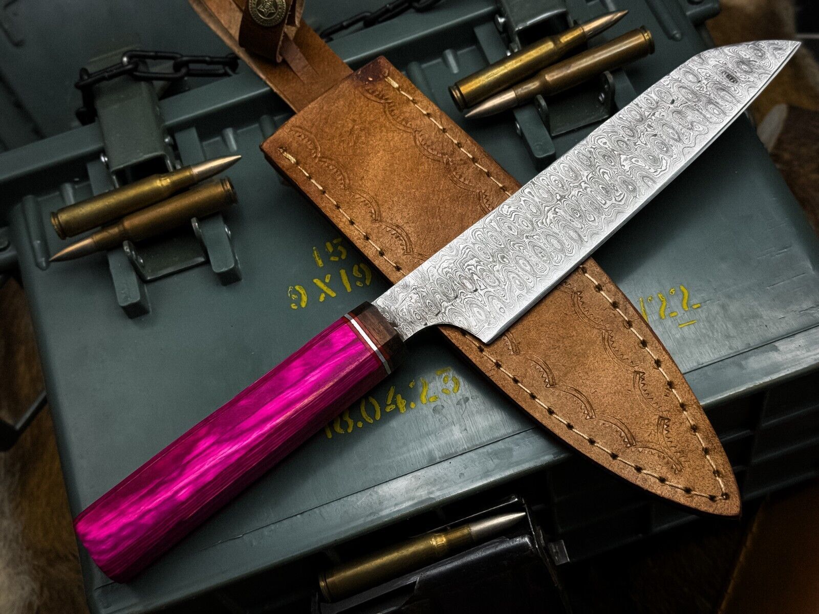 Handmade Damascus Steel Kitchen Chef Knife With Wooden Handle  Leather Sheath  Premium Cutting 1
