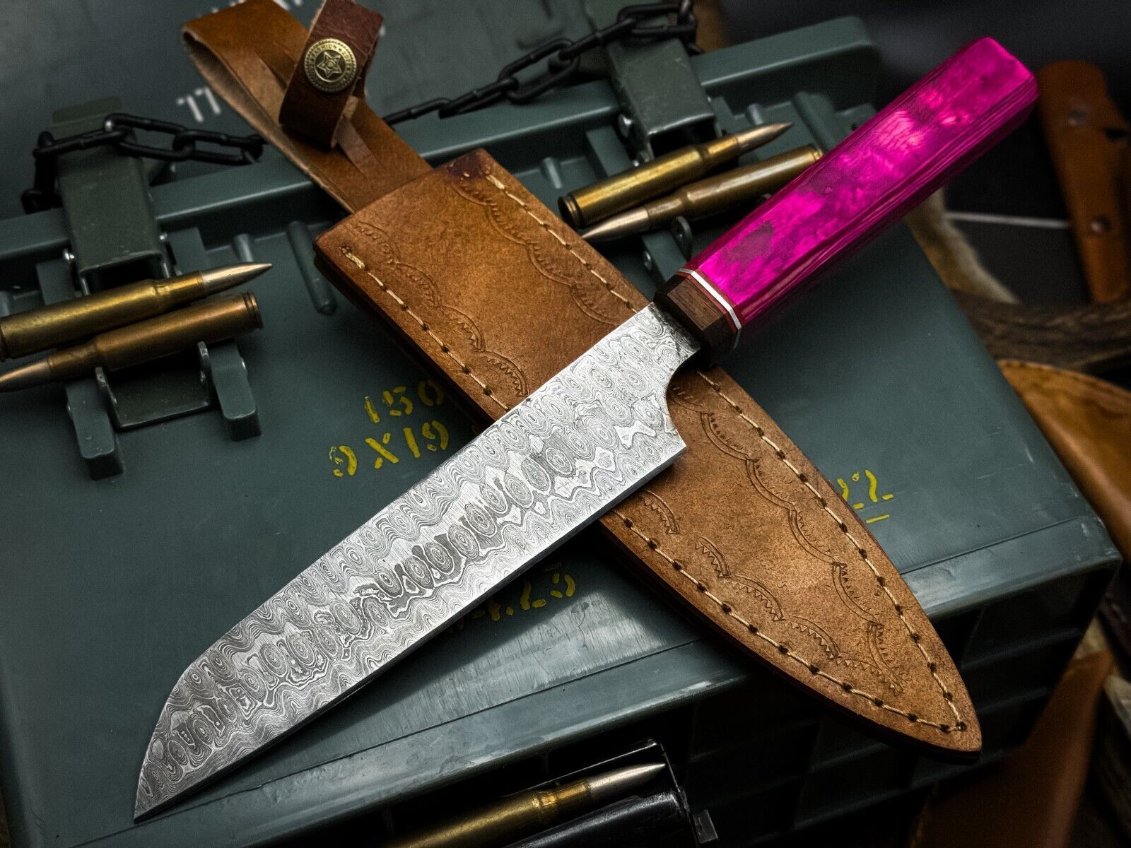 Handmade Damascus Steel Kitchen Chef Knife with Wooden Handle & Leather Sheath – Premium Cutting