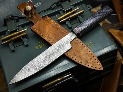Premium Handmade Damascus Steel Chef Knife with Wooden Handle & Leather Sheath