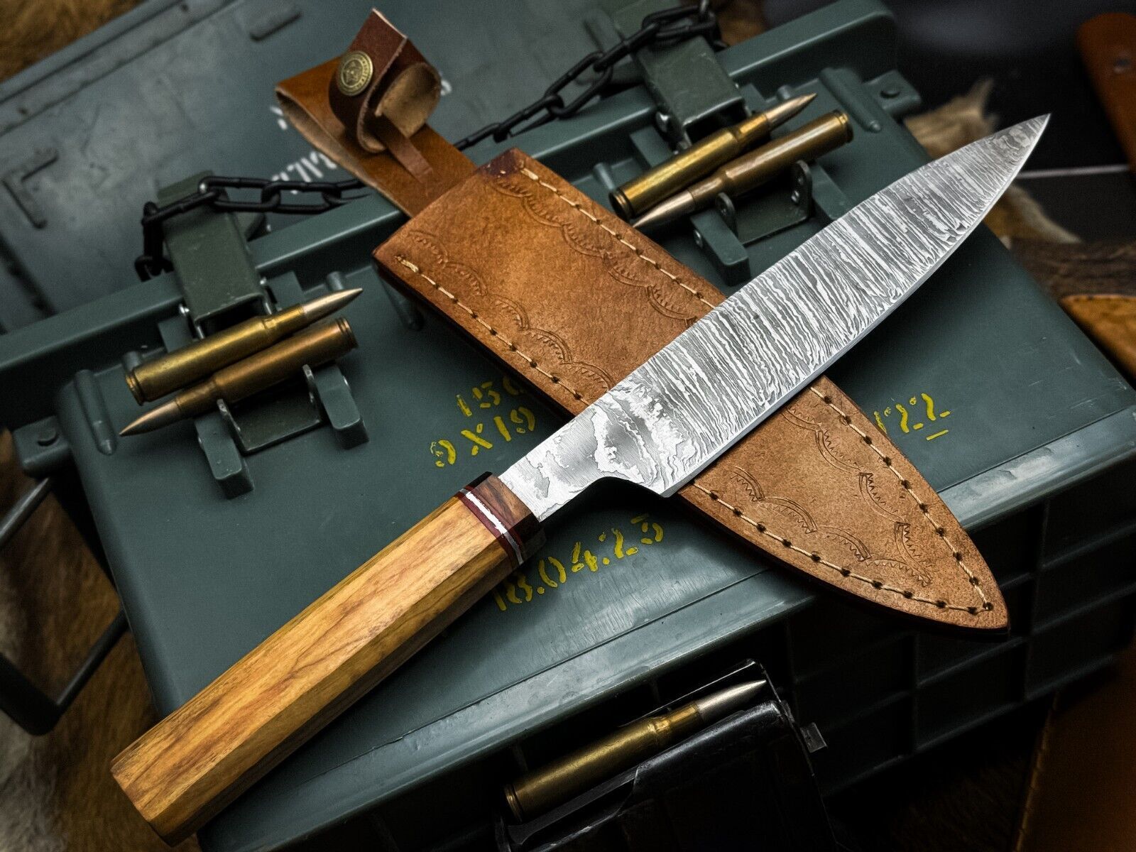 Hand Forged Damascus Steel Kitchen Knife  Full Tang Wooden Handle Chef Blade 3