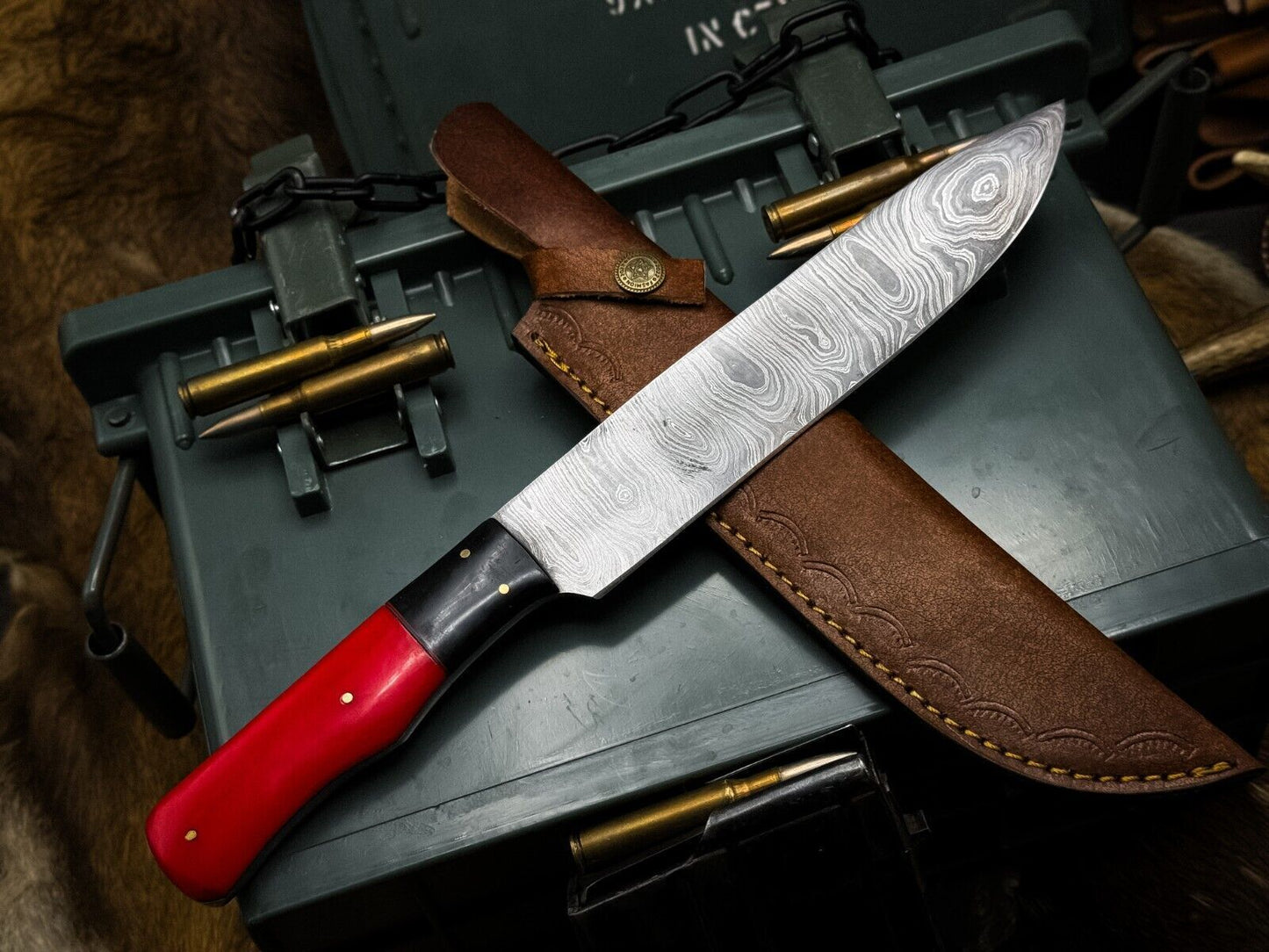 Handmade Damascus Steel Kitchen Chef Knife With Resin Handle  Leather Sheath  Premium Cutting 3
