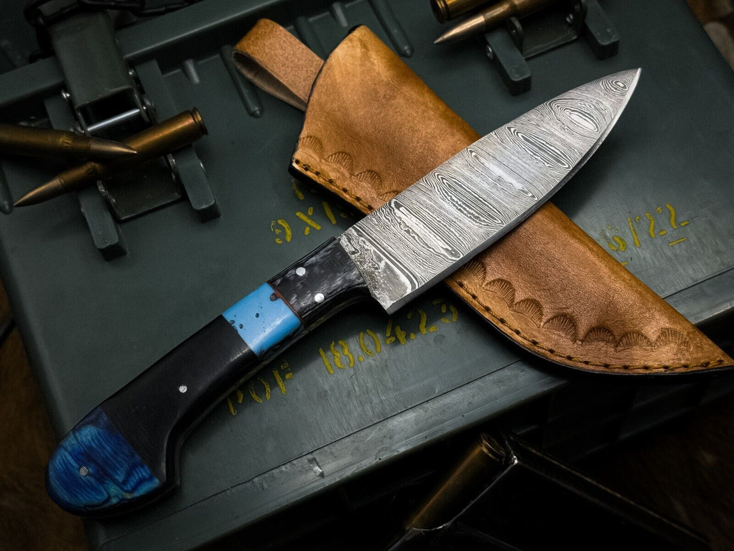 Damascus Steel Kitchen Chef Knife With Resin Handle  Leather Sheath  Premium Cutting 3