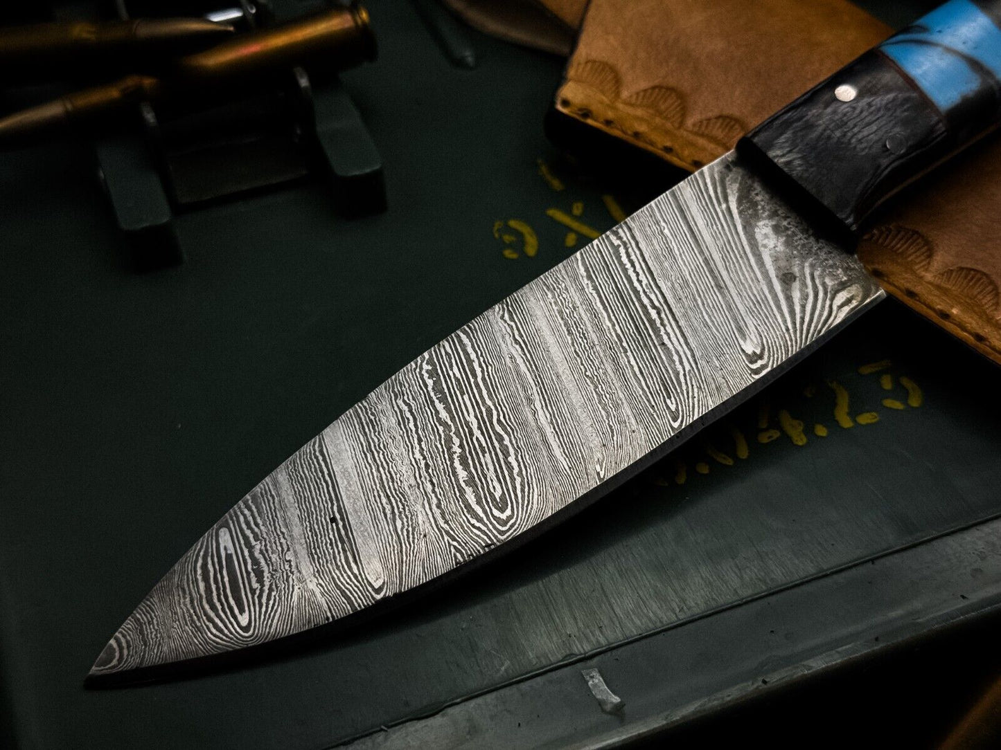 Damascus Steel Kitchen Chef Knife With Resin Handle  Leather Sheath  Premium Cutting 2