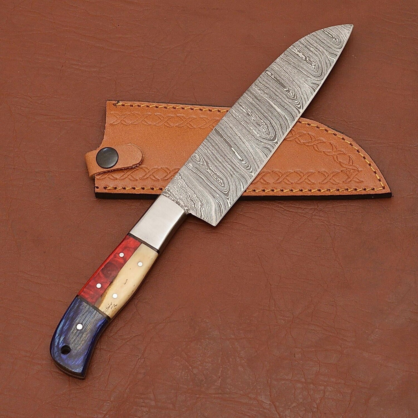 Custom Handmade Damascus Steel Kitchen Chef Knife With Bone Handle  Leather Sheath  Premium Full Ta 2