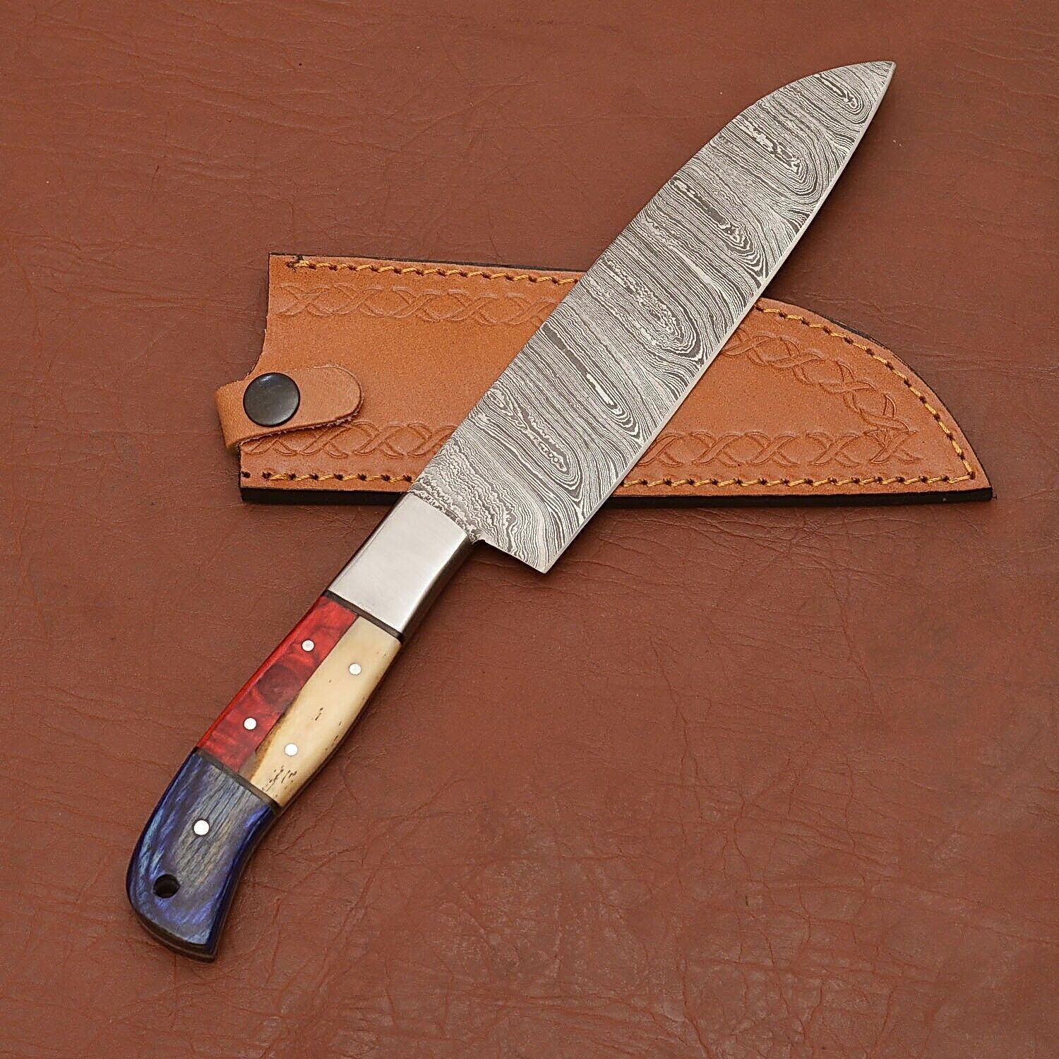 Custom Handmade Damascus Steel Kitchen Chef Knife With Bone Handle  Leather Sheath  Premium Full Ta 2