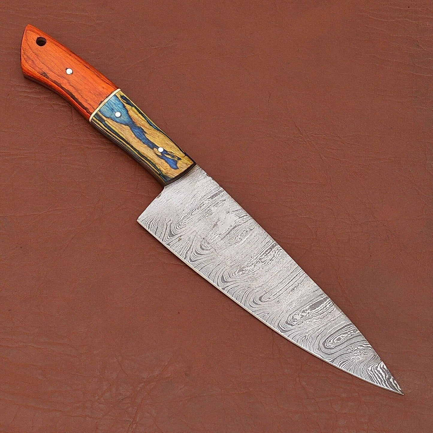 Handmade Damascus Steel Kitchen Chef Knife With Wooden Handle  Leather Sheath 3