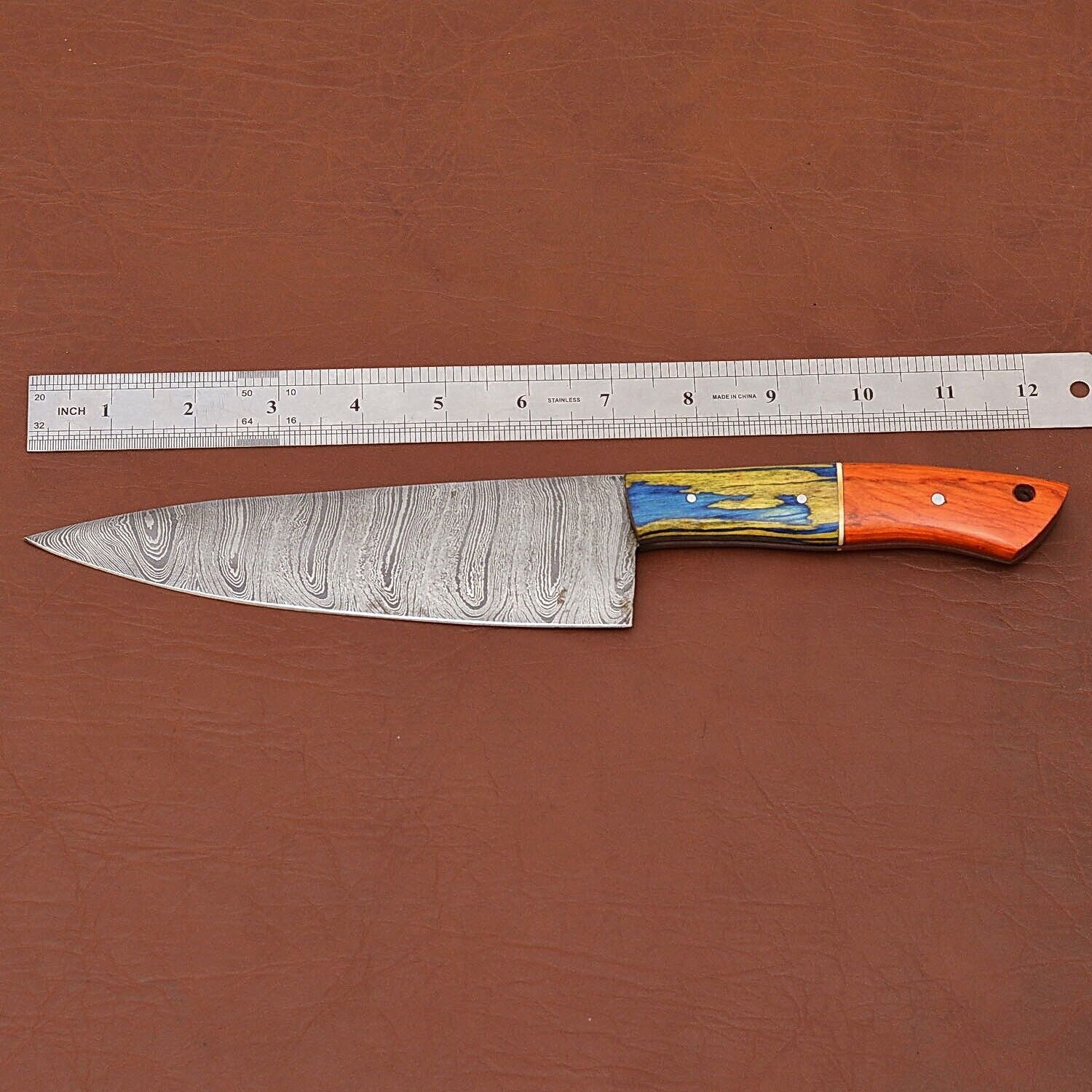 Handmade Damascus Steel Kitchen Chef Knife With Wooden Handle  Leather Sheath 1