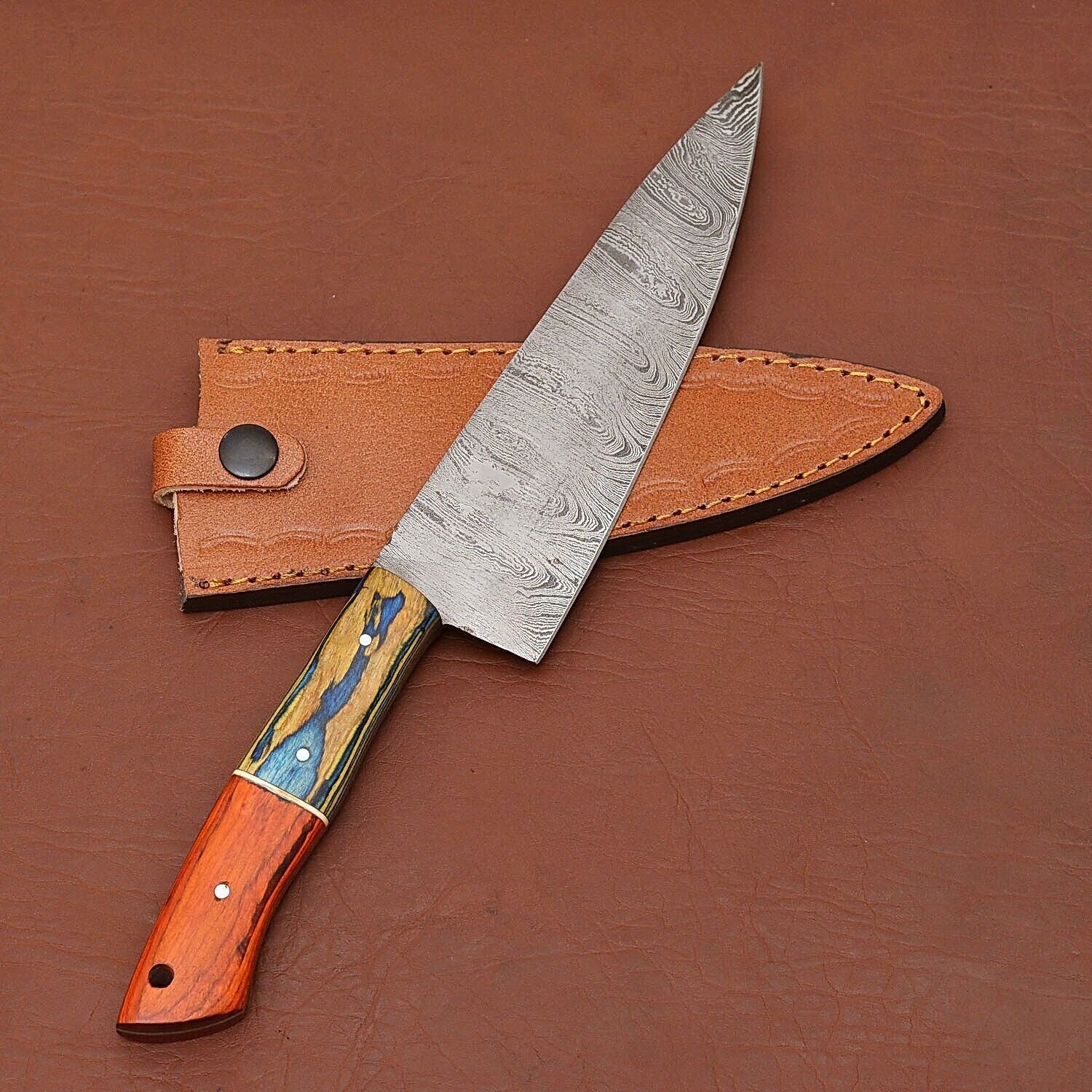 Handmade Damascus Steel Kitchen Chef Knife With Wooden Handle  Leather Sheath 2