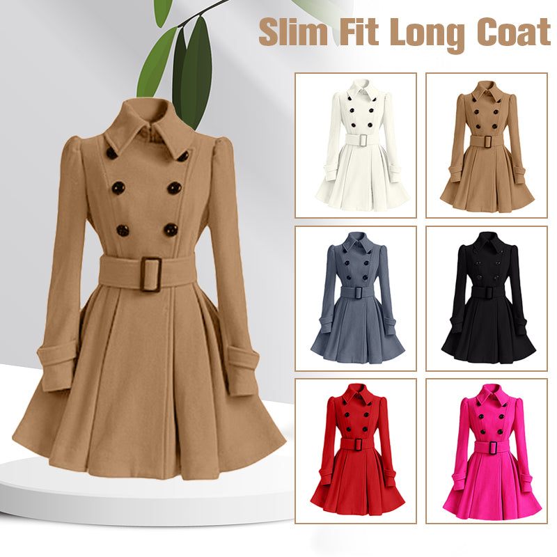 Women Vintage Double Breasted Coats, Classic Long Trench with Belt, Autumn Winter Slim Overcoat