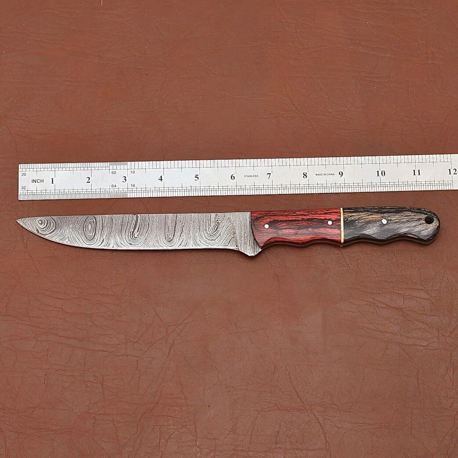 Custom Handmade Damascus Steel Chef Kitchen Knife With Wooden Handle  Leather Sheath  12 Full Tang 2