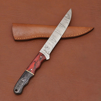 Custom Handmade Damascus Steel Chef Kitchen Knife With Wooden Handle  Leather Sheath  12 Full Tang 3