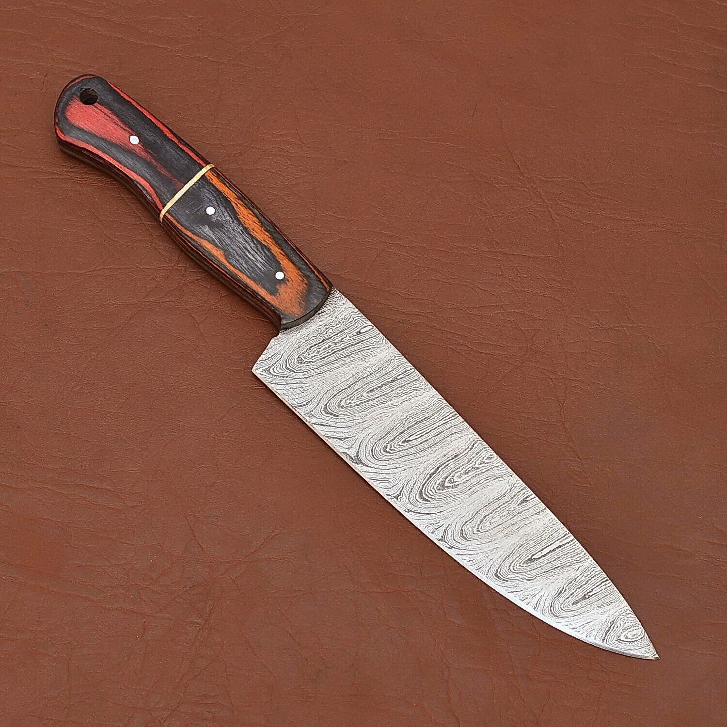 Custom Made Damascus Chef Knife  Wooden Handle With Leather Sheath 1