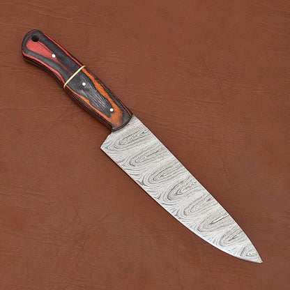 Custom Made Damascus Chef Knife  Wooden Handle With Leather Sheath 1